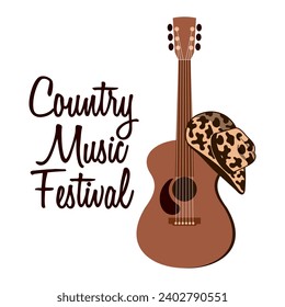 Festival de Música del País y guitarra acústica con sombrero de vaquero. Afiche musical, invitación, vector