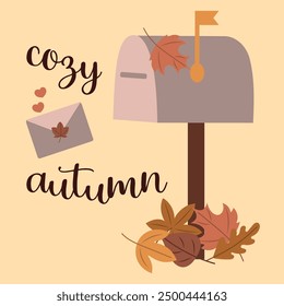 Lettering Cozy autumn. Letterbox mailbox with letter and leaves. Envelope, correspondence, mail. Autumn season. Cute cosy design elements.