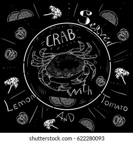 Lettering crab menu, fresh crab, seafood, menu, seafood restaurant, hand drawn with brush pen. Could be used for fish restaurant, market.