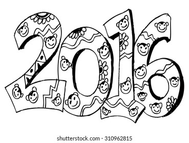 lettering cute monkey for welcome Happy New Year 