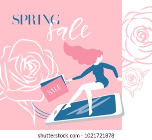 Lettering cyber Monday girl on smartphone in a hurry to sale with shopping bags Vector pink discount banner for advertising