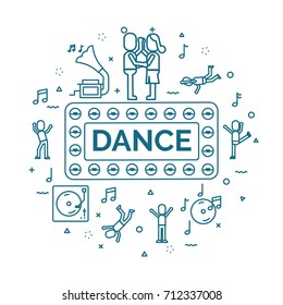 lettering of dance concept with line icons set.