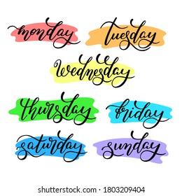 Lettering days of the week - Monday, Tuesday, Wednesday, Thursday, Friday, Saturday, Sunday. Handwritten words for calendar, weekly plan, organizer.