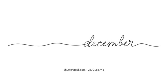 Lettering December drawn with continuous line in minimalism, abstract style, handwritten inscription, calendar, name of month, winter, planner, word, letters, one line, editable vector contour