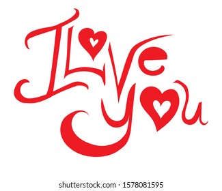 A lettering with a declaration of love isolated on a white background for design. A red text i love you for holiday, valentines day, anniversary, wedding. It's Love concept