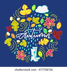 Lettering design autumn surrounded by fall leaves,rainy cloud and other autumn elements. Vector illustration in flat, doodle style. Isolated on blue background.