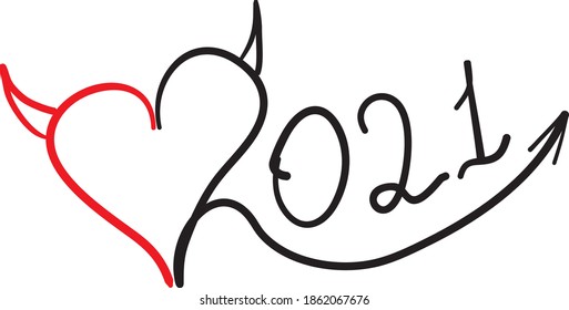 Lettering design element, handwritten, isolated for 2021 calendar. Heart with horns