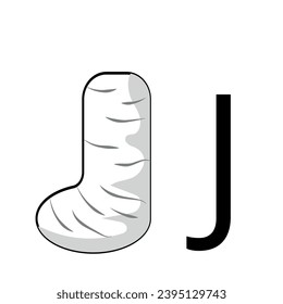 lettering design in the form of a plaster cast leg folded in the shape of the letter J