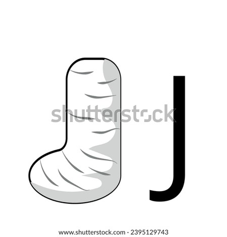 lettering design in the form of a plaster cast leg folded in the shape of the letter J