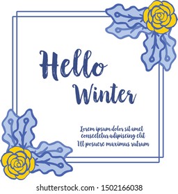 Lettering design hello winter, with element of gold rose floral frame and blue leaves. Vector