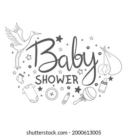 Lettering design of an invitation to a baby shower. Vector, illustration