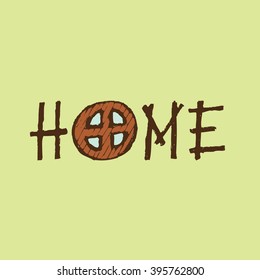 Lettering. Design word - Home (the letter O in the form of the window). Freehand drawing