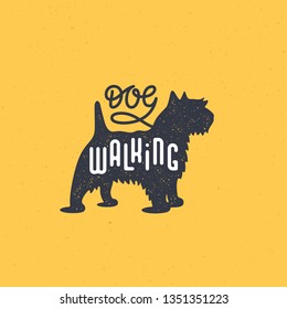 Lettering Dog walking on terrier silhouette with stamp effect for logo, label, badge, emblem design. Vector illustration.