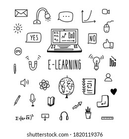 lettering and doodle education, e-learning icons: online formation, computer, globe, divider, lamp, headphones, formula, speech bubble, message, magnet. isolated on white background.