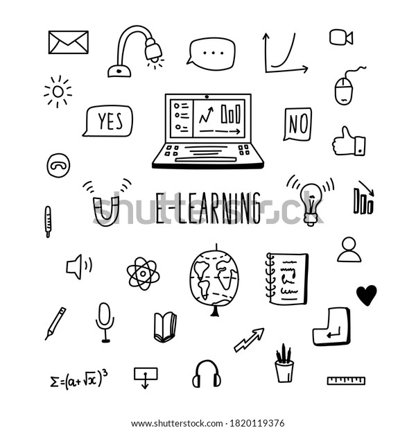 lettering and\
doodle education, e-learning icons: online formation, computer,\
globe, divider, lamp, headphones, formula, speech bubble, message,\
magnet. isolated on white\
background.