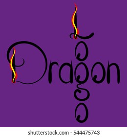 Lettering "Dragon, Logo."  Fire on a purple background. 