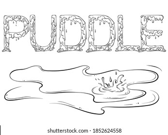 Leyendo la palabra de goteo Puddle. Ilustración vectorial aislada en fondo blanco. Diseño para colorear la página del libro en estilo dibujado a mano. Palabras para imprimir, carteles, afiches, libros.