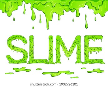 Lettering dripping word Slime green color with drips. Vector illustration isolated on white background. Font design in hand drawn style. Words for print, banners, posters, books, icon, stickers.