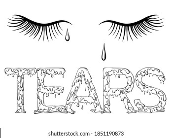Lettering dripping word Tears. Vector illustration isolated on white background. Design for coloring book page in hand drawn style. Words for print, banners, posters, books.