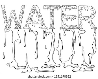 Leyendo palabra de goteo Agua. Ilustración vectorial aislada en fondo blanco. Diseño para colorear la página del libro en estilo dibujado a mano. Palabras para imprimir, carteles, afiches, libros.