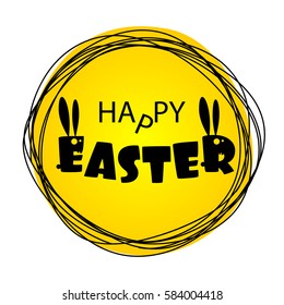 Lettering Easter. Greeting Happy Easter from ugly monsters funny rabbits. Silhouette of Bunny with long ears. Funny party invitation. Congratulations. Yellow vector illustration