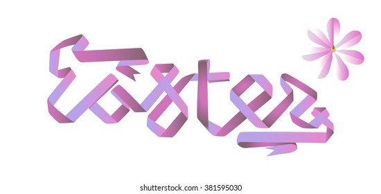 Lettering "Easter" made from ribbon in pale violet and pink colors.Spring  magnolia flower. EPS 10.