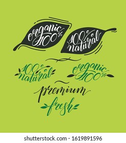 Señal eco. Elementos de caligrafía para el afiche de diseño, paquetes de banners. Fresco, 100% orgánico, 100% natural, premium. 