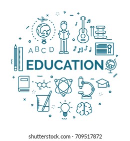 lettering of education concept with line icons set.