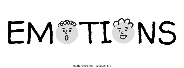 Lettering emotions with round simple faces with various emotions. Cartoon style. Hand drawn vector illustration.