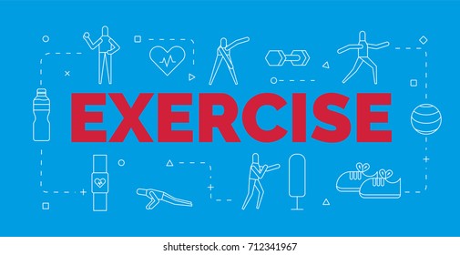 lettering of exercise concept with line icons set.