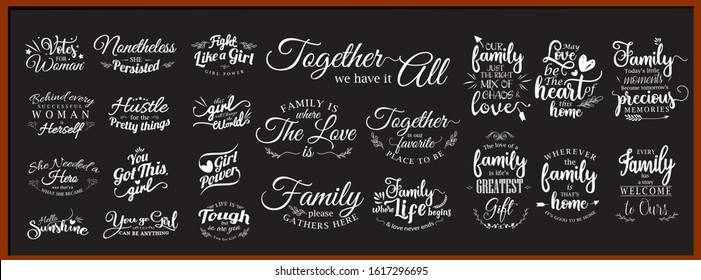 Lettering family quotes wording overlay set. Motivational quote. Sweet cute inspiration typography. Calligraphy photo graphic design element. Hand written sign. Love story  family t shirt decoration