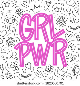 Lettering of the famous feminist slogan "girl power" in pink.Letters in grotesque style, on the background of line icons of hearts, stars, crown, eyes, diamond, energy icon and the mirror of Venus.