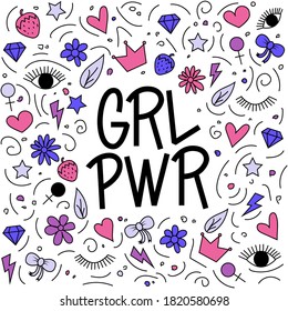 Lettering of the famous quote by feminists "girl power". Simple letters in a grotesque style with icons on a feminine theme in the background.