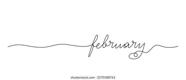 Lettering February drawn with continuous line in minimalism, abstract style, handwritten inscription, calendar, name of month, winter, planner, word, letters, one line, editable vector contour