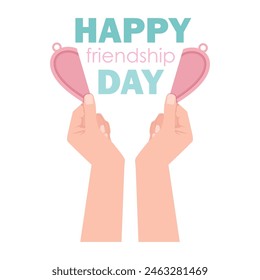 Lettering with female hands holding halves of a heart pendant for Friendship Day