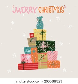Lettering festive phrase Merry Christmas and big pile of hand drawn gift boxes and presents in a shape of Christmas tree. Illustration and inscription for greeting card, winter holiday post, print
