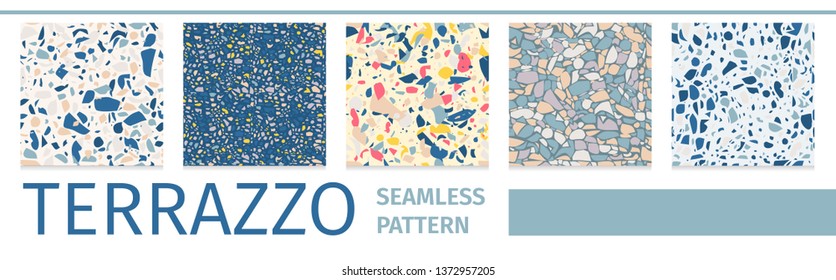 Lettering Flat Set Terrazzo Seamless Pattern Design Vector Abstract Illustration Collection Geometric Textures Bundle of Colorful Layout with Creative Splinters or Sprinkles Backdrop Textile Flooring