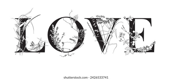  Lettering with floral and plant motifs. Vector illustration. Love