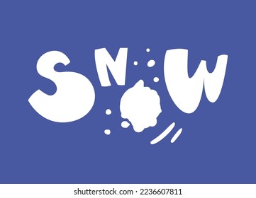 Lettering with a flying snowball on a blue background in a cartoon style. Snow globe in flight. Color illustration for winter design and print. Winter games with snow. Snow day. Handwritten text.