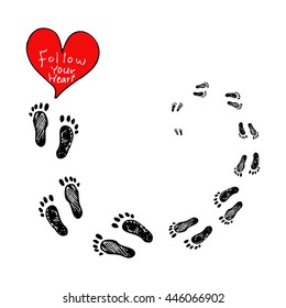 lettering "Follow your heart" with footprints.