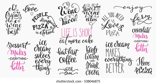 Lettering food beverage drink photography overlay typography set. Calligraphy style quote. Shop promotion motivation. Graphic design lifestyle lettering. Cafe restaurant inspiration promotion vector.