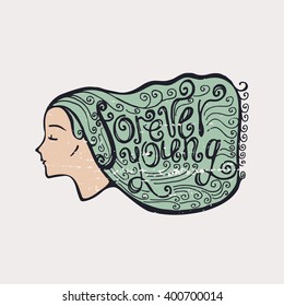 Lettering "Forever young". Girl with fluttering hair. The words painted on her hair. It can be used as a poster, postcard, print on textiles, tattoo sketch. Vector illustration.