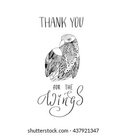 lettering freedom quote - thank you for the wings - with doodle pattern eagle