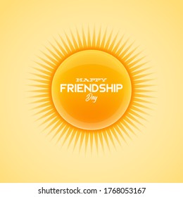 Lettering Friendship Day. Cheerful holiday symbol in the form of Sun. Bright colorful symbol. Vector yellow orange logo isolated on white background for prints, banners, badges and cards.