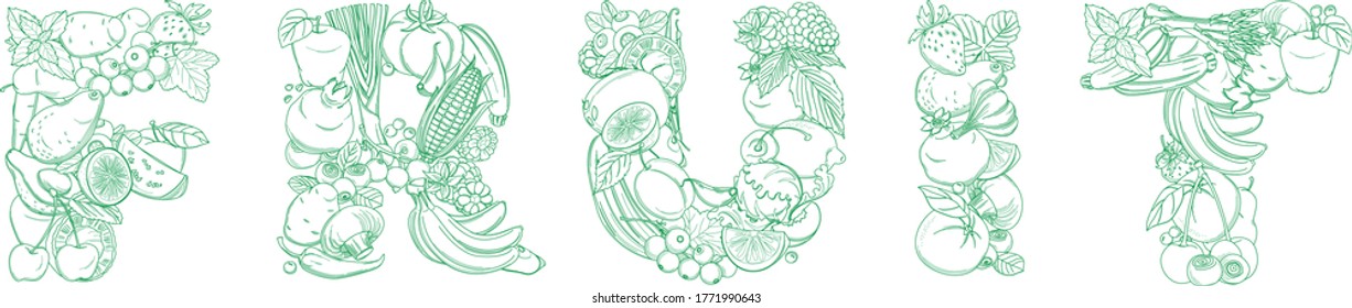 Lettering FRUIT pattern logo of groceries farm fresh fruits and vegetables. Vector illustration logotype. Outline thin line style design. White background