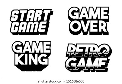 Lettering game design set collection of classic retro game phrases for gamers geek culture elements bundle. Cartoon vector text illustration for print design merch apparel. Classic inscriptions.