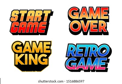 Lettering game design set collection of classic retro game phrases for gamers geek culture elements bundle. Cartoon vector text illustration for print design merch apparel. Classic inscriptions.