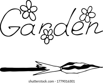 Lettering garden, a broom, vector on a white background. Vector image