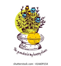 Lettering the garden is my happy place. Bouquet in a vase of twigs, blue berries, flowers. Vector illustration in sketch style