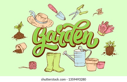 Lettering Garden word surrounded by gardener's attributes